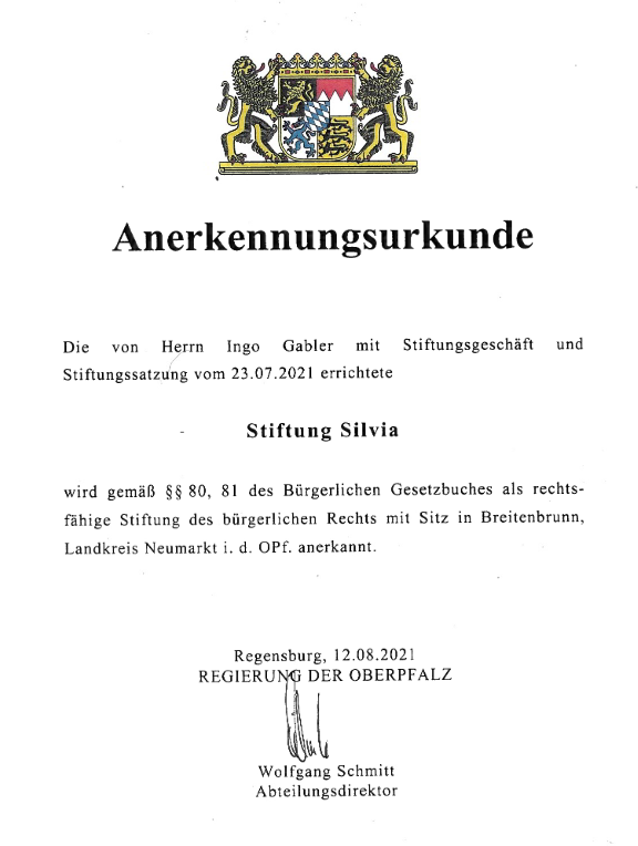 Anerkennungsurkunde der Stiftung Silvia